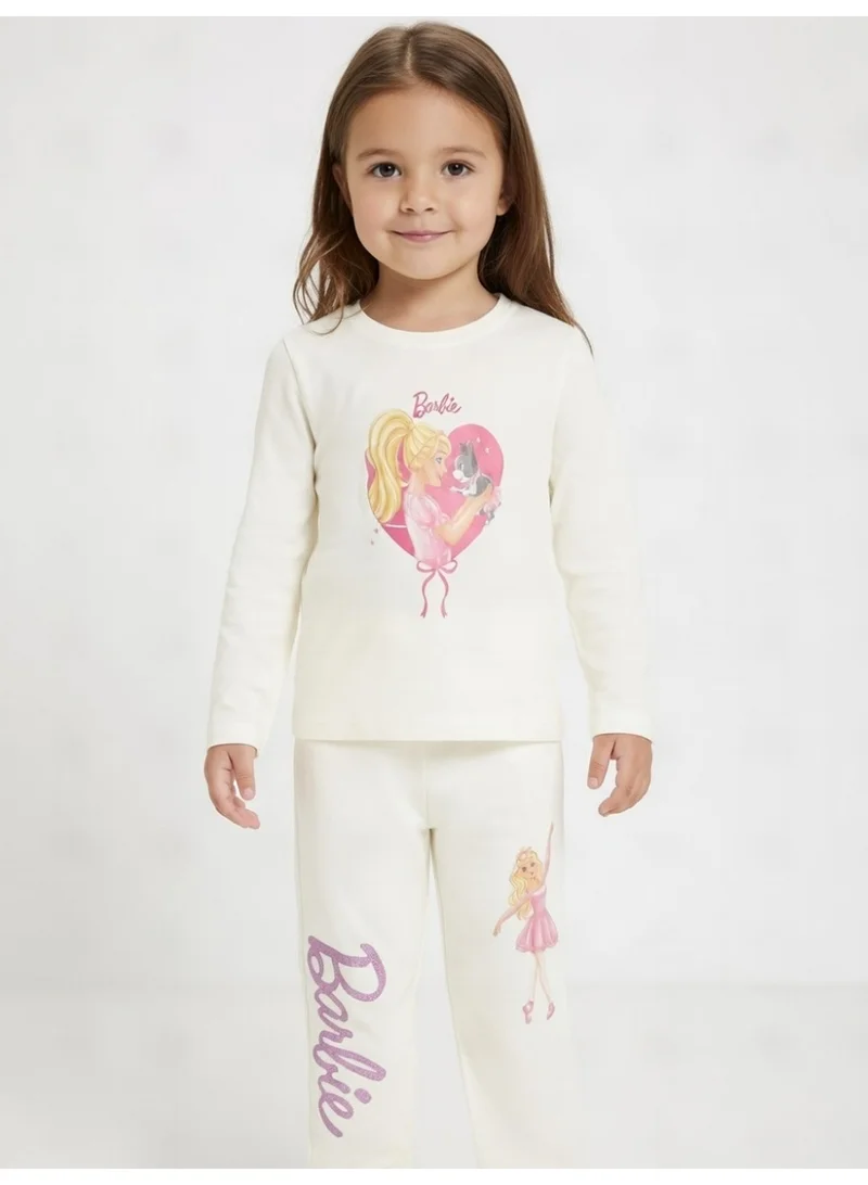 باربي باربي | طقم تيشيرت بأكمام طويلة وبنطال للبنات | كريمي